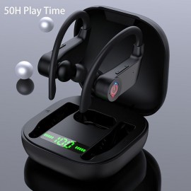 Bluetooth 5.1 Headphones Sports Earbuds 50H Deep Bass Noise Cancelling Headphones with Mic IP7 Waterproof Over-Ear Headphones USB-C/LCD Display for Running
