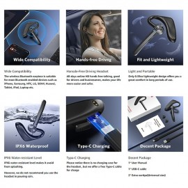 Dual-Mic AI Noise Cancelling Bluetooth Headset for Cell Phones, 30Hrs HD Talktime 10 Days Standby Wireless Bluetooth Earpiece IPX6 Waterproof Ultra-Light Wireless Headset Truckers/Office/Business
