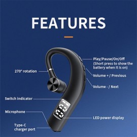 Bluetooth 5.2 Earphone Wireless Earhook LED Display Headphone Car Headset w/ Mic
