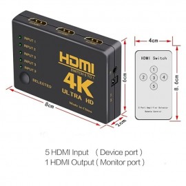(5-In/1-Out) HDMI Switcher Supports 4K Ultra HD Resolution  Auto Switcher Box Audio/Video Adapter for TV Stick TV Box PC Stick Laptop Gaming Station Supports 4K Comes with IR Remote Control
